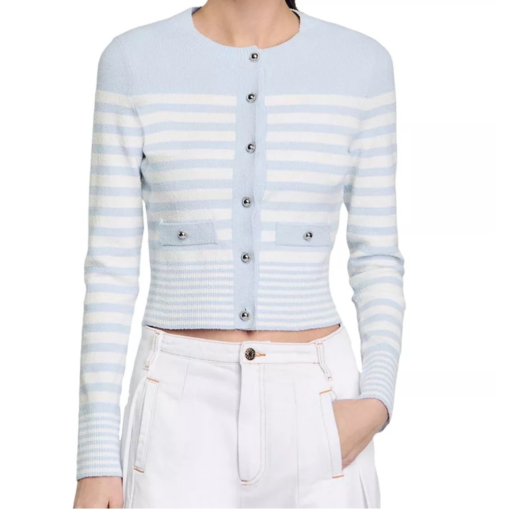 SANDRO - 0 - Women's Light Blue and Cream Striped Cardigan